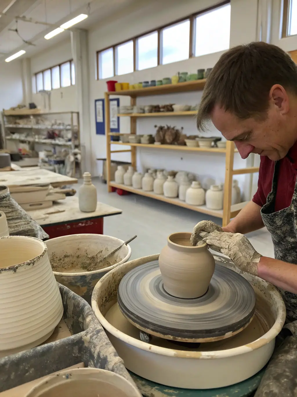 A vibrant image of a pottery workshop in progress, showcasing participants shaping clay on spinning wheels, with an instructor providing guidance.
