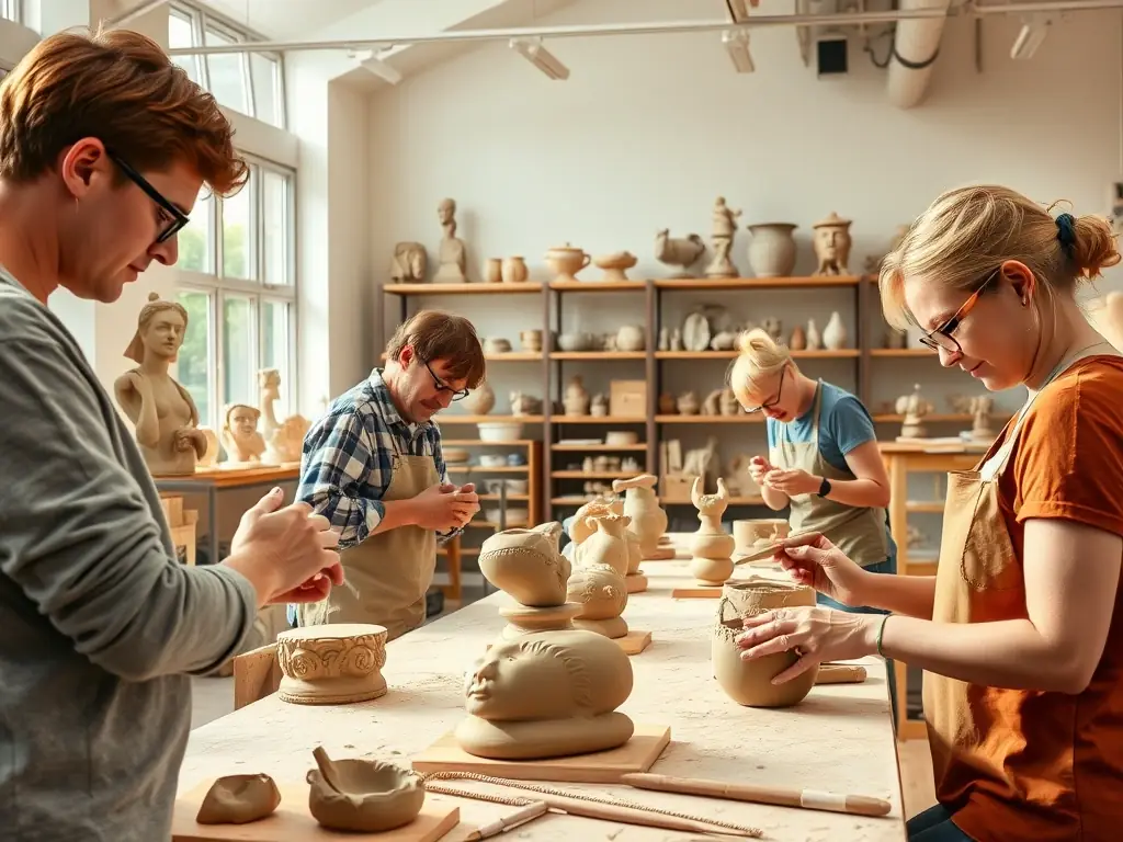 A dynamic sculpture workshop where participants are molding clay and other materials, creating three-dimensional art pieces under the guidance of an instructor.