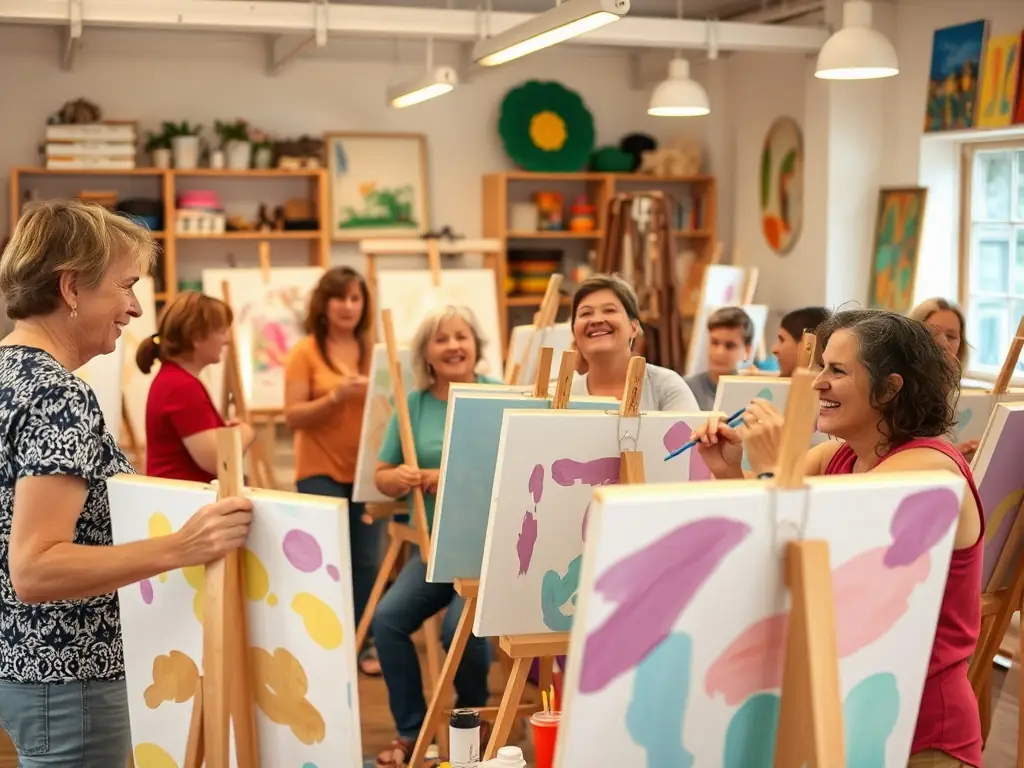 A vibrant art workshop scene with participants actively engaged in painting, showcasing a variety of colorful artworks and creative expressions.
