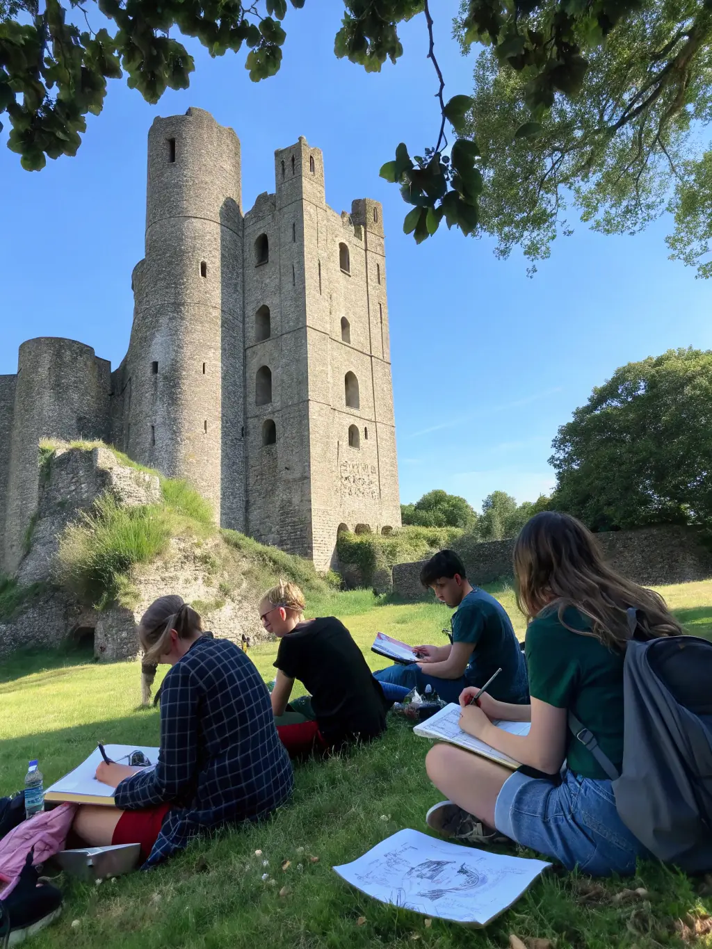 A photograph capturing a group of artists sketching outdoors in the Belcastel village, with the medieval castle in the background.