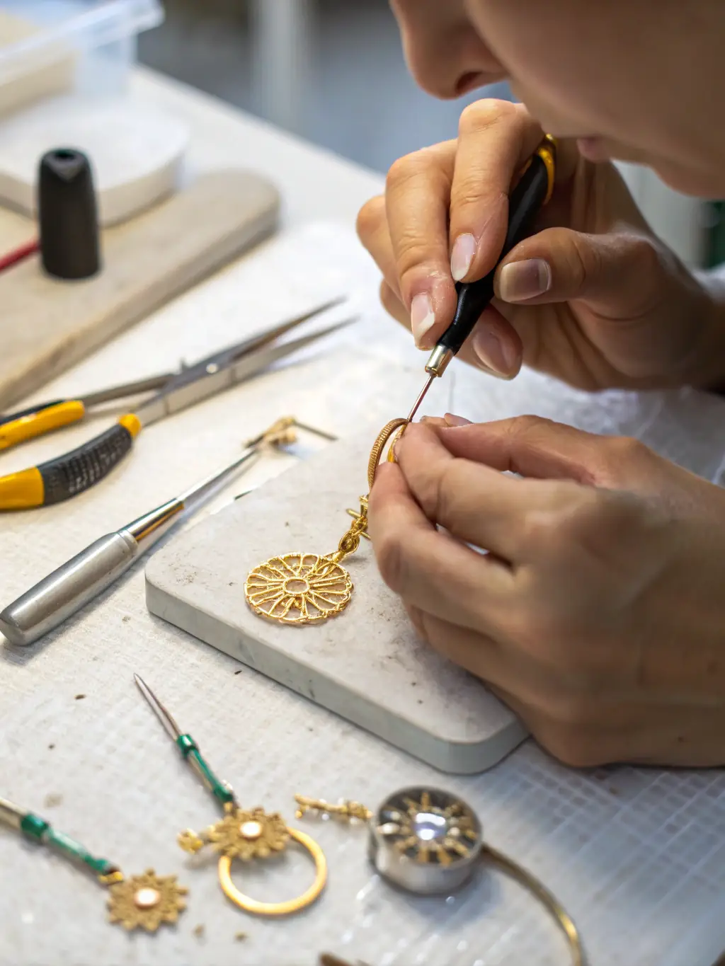 A close-up shot of hands delicately crafting jewelry during a jewelry-making workshop, showcasing intricate beadwork and metalwork.