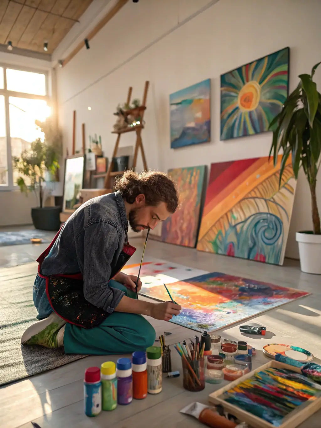 A dynamic image of a mixed media art workshop, showing participants experimenting with various materials and textures on their canvases.